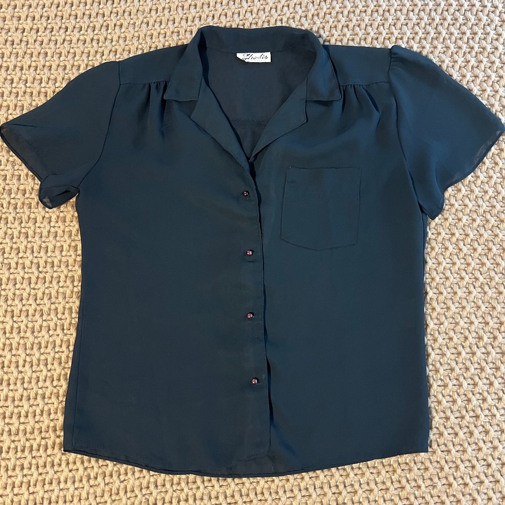 Charlie California Women's Vintage Sheer Black Camp Shirt Blouse Size Small